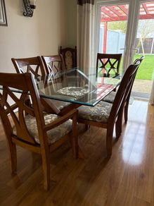 Solid Wood Dining Table with Glass Top + 6 Chairs