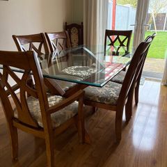 Solid Wood Dining Table with Glass Top + 6 Chairs