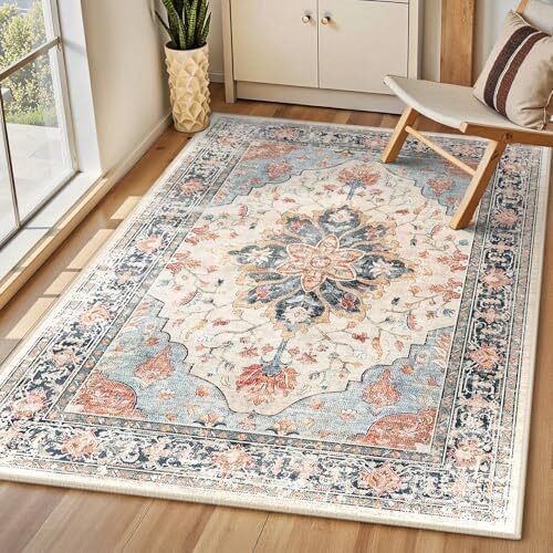 Machine Washable Rugs 90x150 cm Vintage Area Rug Low Pile Anti-Slip Carpet with Print Pattern for Living Room Bedroom Home Office Indoor Beige/Blue/Orange