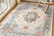 Machine Washable Rugs 90x150 cm Vintage Area Rug Low Pile Anti-Slip Carpet with Print Pattern for Living Room Bedroom Home Office Indoor Beige/Blue/Orange
