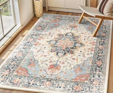 Machine Washable Rugs 90x150 cm Vintage Area Rug Low Pile Anti-Slip Carpet with Print Pattern for Living Room Bedroom Home Office Indoor Beige/Blue/Orange