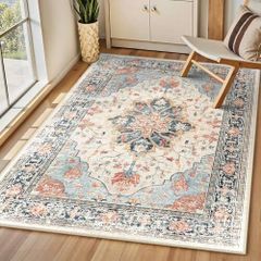 Machine Washable Rugs 90x150 cm Vintage Area Rug Low Pile Anti-Slip Carpet with Print Pattern for Living Room Bedroom Home Office Indoor Beige/Blue/Orange
