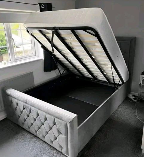 Ottoman Upholstered Bed, Double Bed with Hydraulic Lifting Bar, Height Adjustable Padded Headboard, Metal Slatted Frame, Youth Bed, Adult Bed