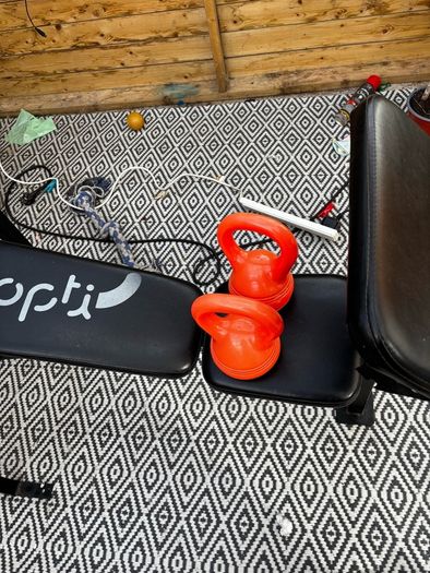 Weight bench and weights.