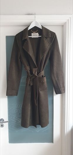 MADISON khaki midi length coat with stud detail open front with tie Sz L (12-16 UK) - Rrp 289 (New)