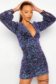 Tall Sequin Balloon Sleeve Plunge Mini Dress