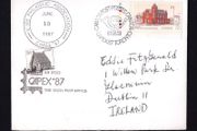 1987 Ireland Capex Stamp Exhibition Show cancel on Canadian stamp &amp; 30p Architecture Definitive with An Post Capex The Irish Post Office Cancel &amp; EPA cancel on plain cover.
