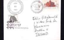 1987 Ireland Capex Stamp Exhibition Show cancel on Canadian stamp &amp; 30p Architecture Definitive with An Post Capex The Irish Post Office Cancel &amp; EPA cancel on plain cover.