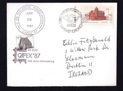 1987 Ireland Capex Stamp Exhibition Show cancel on Canadian stamp & 30p Architecture Definitive with An Post Capex The Irish Post Office Cancel & EPA cancel on plain cover.