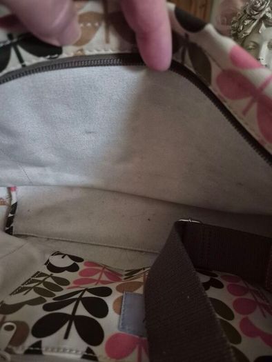 Orla Kiely Pink Green Tan Ivory Floral Stem Oilcloth Crossbody Bag
