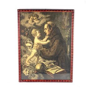 Antique lithograph Saint Anthony of Padua with baby Jesus
