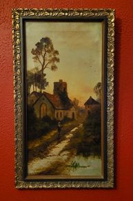 Antique rural scene - oil on canvas painting