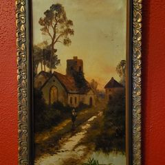 Antique rural scene - oil on canvas painting