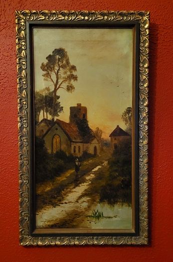 Antique rural scene - oil on canvas painting
