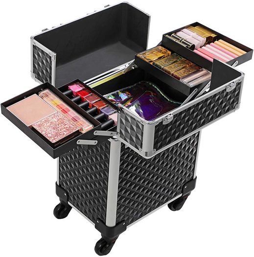 _Professional Makeup Case, Cosmetic Case, Mobile, 4 Wheels, 4 Tray, Telescopic Handle, Travel, Travel, Black