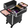_Professional Makeup Case, Cosmetic Case, Mobile, 4 Wheels, 4 Tray, Telescopic Handle, Travel, Travel, Black Image 3