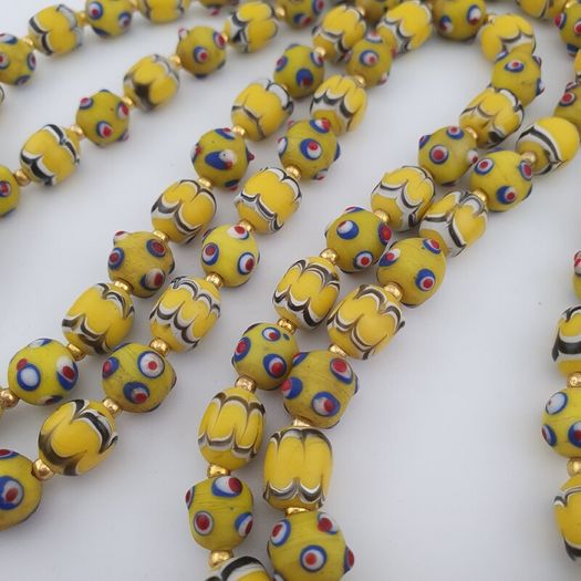 Antique Venetian Style Yellow Skunk & Trade Glass Beads Necklace