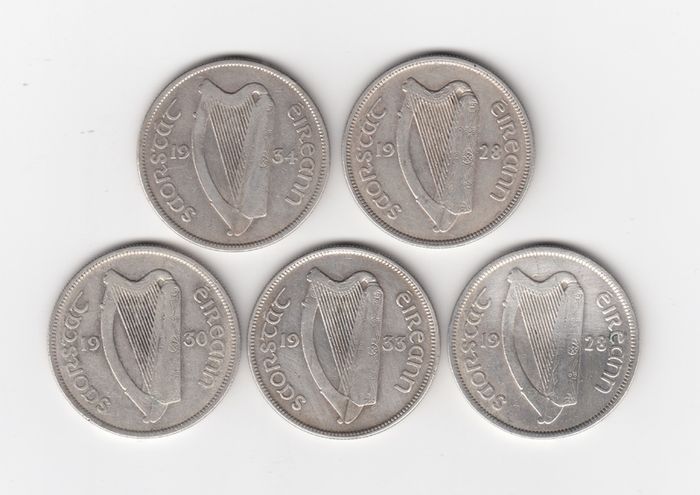 Ireland,5 x saorstat eireann Half Crowns, 2/6, 75% Silver Coins (No: 491)