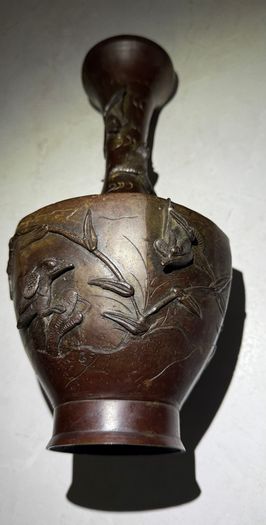Antique Japanese Meiji Period Bronze Vase (High Relief Birds & Blossoms)  c.1890 to 1910