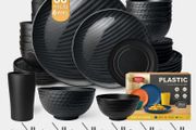 66-Piece Kitchen Reusable Plastic Round Dinner Set for 6, Dinner Plate, Dessert Plate, Cereal Bowl, Sauce Cups, Cup, Unbreakable Plastic Plate and Bowl Set, Outdoor Camping Dishes, Black