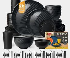 66-Piece Kitchen Reusable Plastic Round Dinner Set for 6, Dinner Plate, Dessert Plate, Cereal Bowl, Sauce Cups, Cup, Unbreakable Plastic Plate and Bowl Set, Outdoor Camping Dishes, Black
