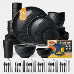 66-Piece Kitchen Reusable Plastic Round Dinner Set for 6, Dinner Plate, Dessert Plate, Cereal Bowl, Sauce Cups, Cup, Unbreakable Plastic Plate and Bowl Set, Outdoor Camping Dishes, Black