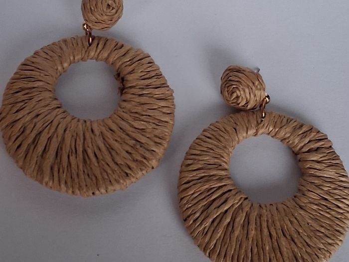 Coffee Beige Raffia Woven Stud Hollow Out Woven Hoop Earrings