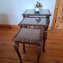 3 Vintage side tables; Beech wood 185 e. Wood Bros Carved Oak Table 215 euro , nest table 60 euro. Image 9