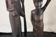 African Wooden Figures Pair Warrior Spear Water Carrier Hand Carved