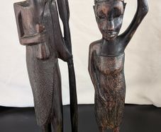 African Wooden Figures Pair Warrior Spear Water Carrier Hand Carved