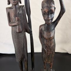 African Wooden Figures Pair Warrior Spear Water Carrier Hand Carved