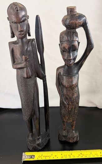 African Wooden Figures Pair Warrior Spear Water Carrier Hand Carved