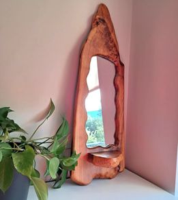 Large Live Edge Wood Wall Mirror With Shelf