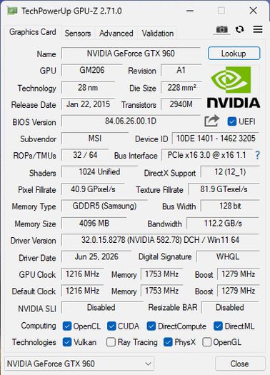 MSI GeForce GTX 960 Gaming 4GB graphics card