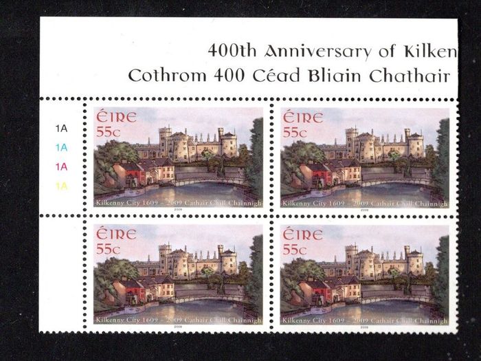 2009 Ireland The 400th Anniversary of the City of Kilkenny Commemorative Stamp Plate Block 1A1A1A1A Mint Never Hinged (MNH)