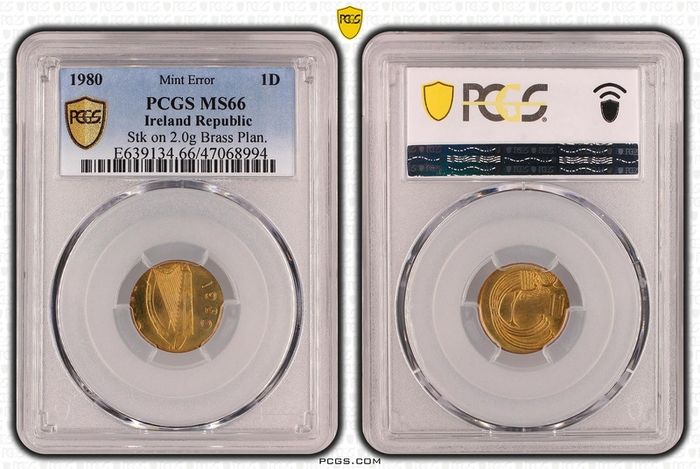 Ireland 1980 1d penny mint error struck on 2 gram brass planchet PCGS MS66