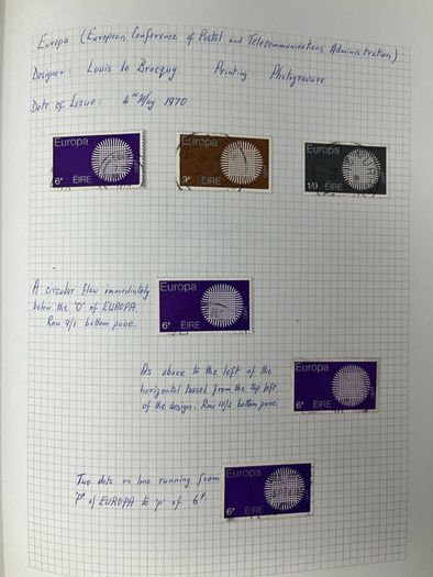 1965-74 Ireland used written up on spring back pages including some varieties/ errors in spring back album. Includes loads of spare pages. Note 66 rising set and MacCurtain & MacSweeney sets.