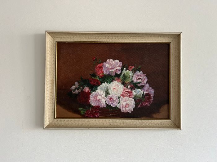 Floral still life oil painting in wooden frame