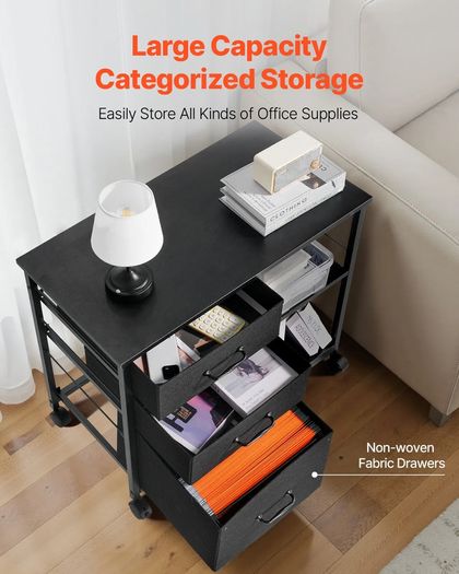 Metal File Cabinet, Mobile Filing Cabinet with 3 Fabric Drawers and 2 Open Shelves, Wooden Vertical Filing Storage Cabinets