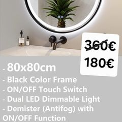 LED Bathroom Mirror 80cm Black Frame Antifog Demister