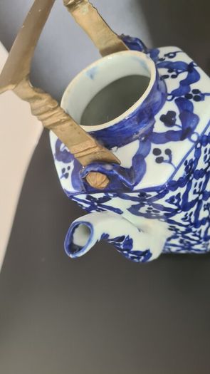 Teapot Blue White Hexagon Shape Brass Handle Floral