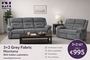 New 3+2 Grey Montana Fabric Recliner Sofa With Hidden Cupholders