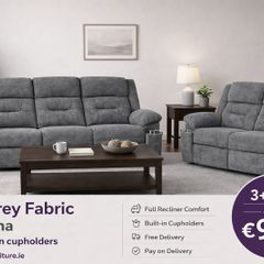 New 3+2 Grey Montana Fabric Recliner Sofa With Hidden Cupholders