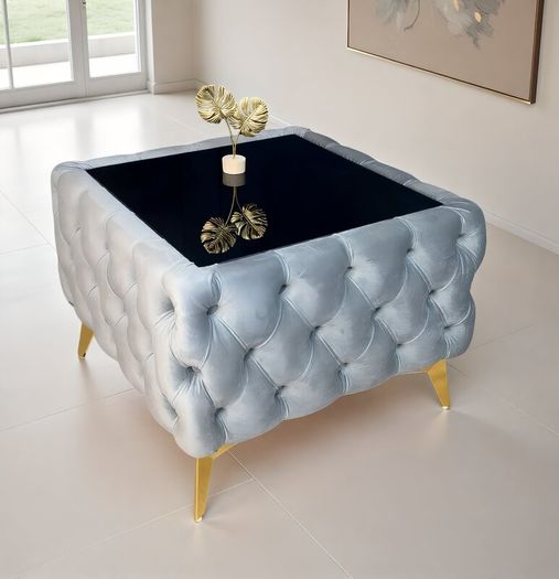 Chesterfield Velvet Square Coffee Table with temp Glass 63x63x45cm