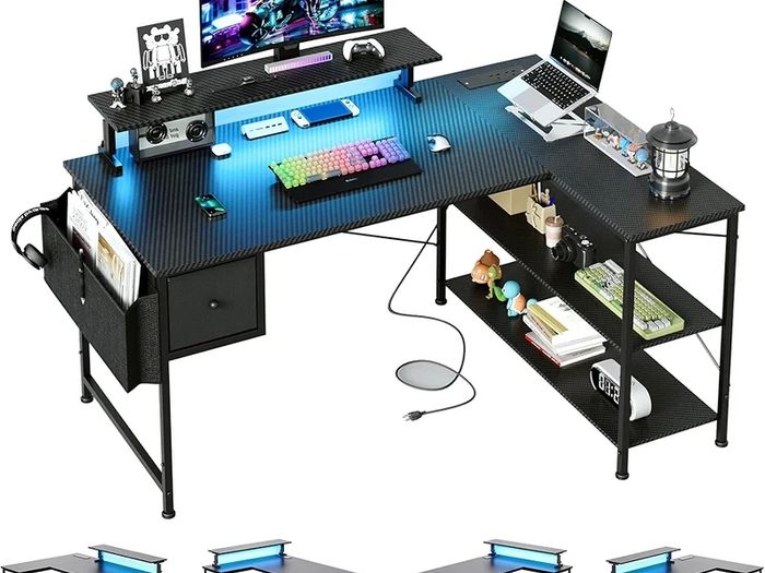 L Shaped Gaming Desk with LED Lights & Power Outlets, 120x80x70cm Reversible Corner Desk with Drawer Storage Bag & Monitor Stand, Carbon Fiber Black
