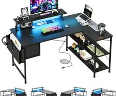 L Shaped Gaming Desk with LED Lights & Power Outlets, 120x80x70cm Reversible Corner Desk with Drawer Storage Bag & Monitor Stand, Carbon Fiber Black
