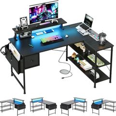 L Shaped Gaming Desk with LED Lights & Power Outlets, 120x80x70cm Reversible Corner Desk with Drawer Storage Bag & Monitor Stand, Carbon Fiber Black