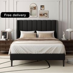Double Bed Frame with Headboard, Vertical Channel Tufted