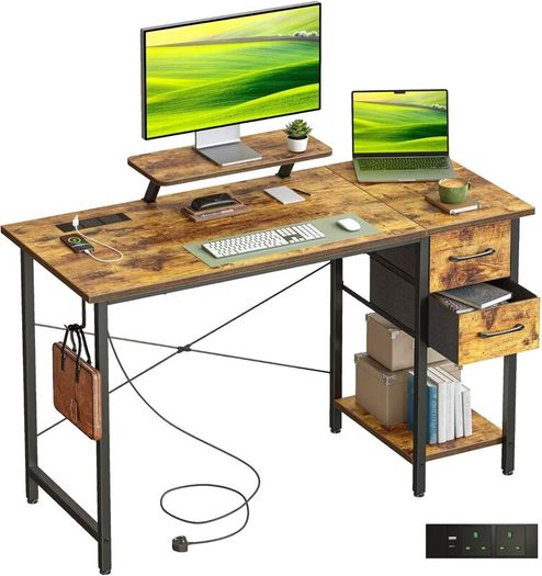 Computer Desk with Drawers Power Outlets 100x50cm Home Office Monitor Stand Gaming Table Reversible Storage Shelf Hook Small PC Workstation for Study Work Write Brown