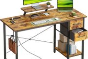 Computer Desk with Drawers Power Outlets 100x50cm Home Office Monitor Stand Gaming Table Reversible Storage Shelf Hook Small PC Workstation for Study Work Write Brown